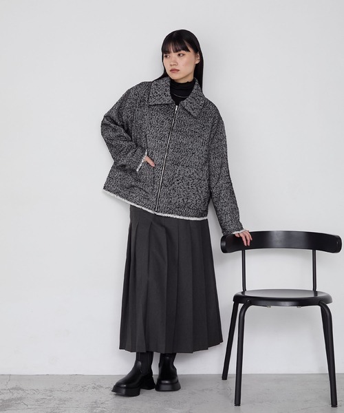 セール】【forksy.】ヘリンボーンフリンジ衿付きファスナージャケット