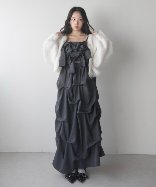 mellowneon（メロウネオン）の「リボンビスチェタックスカートセットアップ（セットアップ・レディース・チャコールグレー/アイボリー・SMALL/MEDIUM）」の9枚目の写真