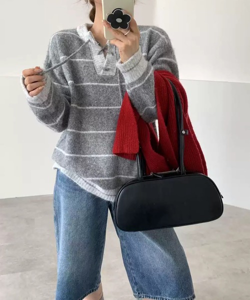 LYEON(リヨン)の「レースアップボーダールーズニット/オーバーサイズニット(ニット/セーター・レディース・グレー/ライトグレー/ブラウン/ネイビー・FREE)」の5枚目の写真