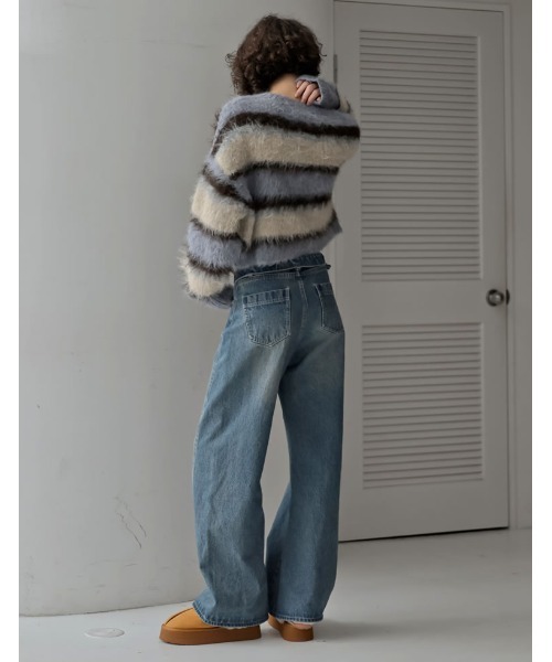 Re:EDIT（リエディ）の「[2025 WINTER COLLECTION]シャギーニットマルチボーダーショートトップス（ニット/セーター・レディース・ブラック/ブルー/イエロー・MEDIUM/LARGE）」の14枚目の写真