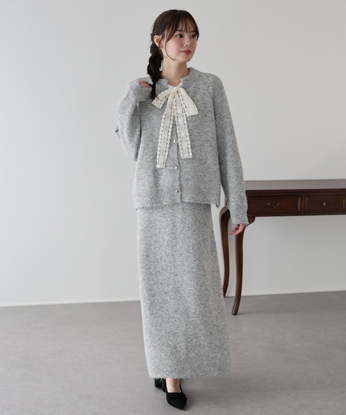 美品メゾピアノ　総レース編みカーディガンとスカートセット　フォーマル セール】レースリボンカーディガン＆ニットスカート セットアップ