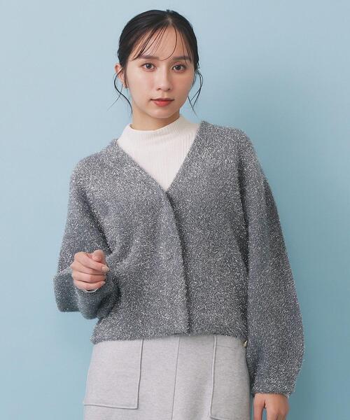 リボンブローチフィルムラメフェザーカーディガン【洗濯機OK