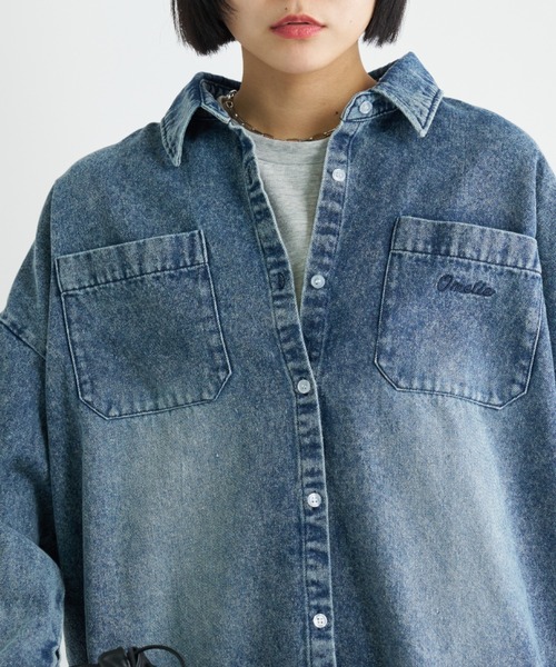 ＊ダブルポケットデニムシャツ＊ デニムブルーオーバーサイズシャツ pual ce cin ブラウス シャツ ダブルポケットデニムシャツ レディース