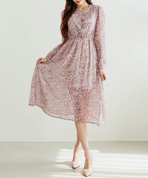 HERRINGBONE（ヘリンボーン）の「Long-sleeved floral pink chiffon V-neck midi dress / HE044W（ワンピース）」