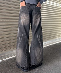 【NYS】トライバル刺繍 デニム カーブパンツ バレルレッグパンツ デニムパンツ