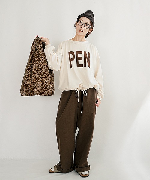 SOLAMONAT(ソラモナ)の「ペンネ天竺 モックネック裾ヒモ プリントプルオーバー PEN NE(Tシャツ/カットソー・レディース・杢グレー/ヘザーチャコール/ホワイト×ブラック/ブラック×グレー/ホワイト×グレー/ブラウン/キナリ/ブラック系その他・FREE)」の12枚目の写真