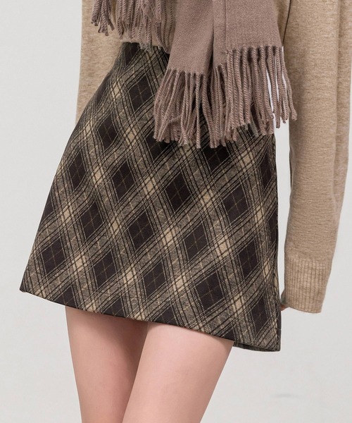 DAY CLOSET（デイ クローゼット）の「【ショート丈/ぺチパンツ付き】ハイウエストアーガイルチェックウール風ミニスカート レディース（スカート・レディース・グレー/ブラウン・S/M/L）」の12枚目の写真