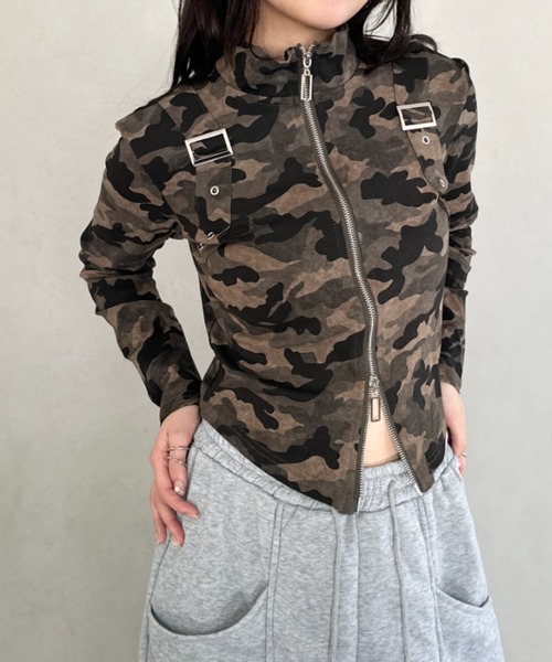 Bamm(バム)の「ダブルジップハーフネッククロップドトップス(Tシャツ/カットソー・レディース・ブラック/カモフラージュ/ホワイト・FREE)」の3枚目の写真