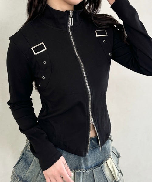 Bamm(バム)の「ダブルジップハーフネッククロップドトップス(Tシャツ/カットソー・レディース・ブラック/カモフラージュ/ホワイト・FREE)」の2枚目の写真