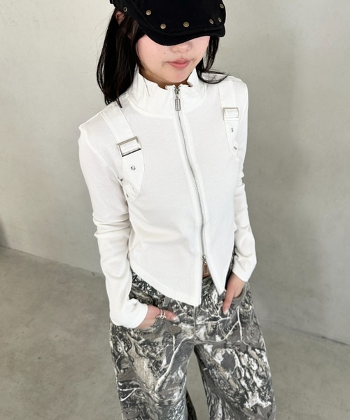 Bamm(バム)の「ダブルジップハーフネッククロップドトップス(Tシャツ/カットソー・レディース・ブラック/カモフラージュ/ホワイト・FREE)」の10枚目の写真