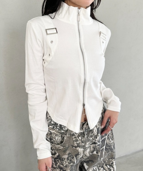 Bamm(バム)の「ダブルジップハーフネッククロップドトップス(Tシャツ/カットソー・レディース・ブラック/カモフラージュ/ホワイト・FREE)」の5枚目の写真