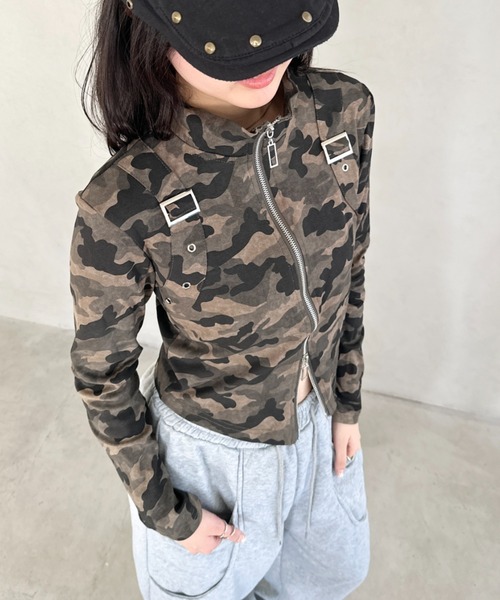 Bamm(バム)の「ダブルジップハーフネッククロップドトップス(Tシャツ/カットソー・レディース・ブラック/カモフラージュ/ホワイト・FREE)」の22枚目の写真
