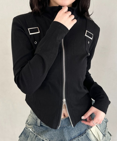 Bamm(バム)の「ダブルジップハーフネッククロップドトップス(Tシャツ/カットソー・レディース・ブラック/カモフラージュ/ホワイト・FREE)」の13枚目の写真