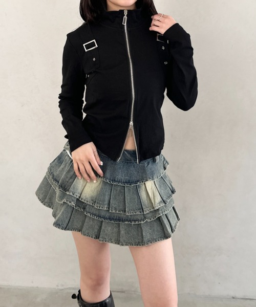 Bamm(バム)の「ダブルジップハーフネッククロップドトップス(Tシャツ/カットソー・レディース・ブラック/カモフラージュ/ホワイト・FREE)」の14枚目の写真