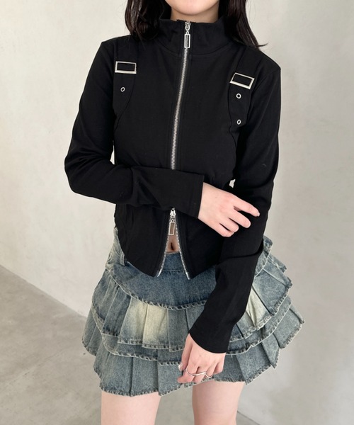 Bamm(バム)の「ダブルジップハーフネッククロップドトップス(Tシャツ/カットソー・レディース・ブラック/カモフラージュ/ホワイト・FREE)」の15枚目の写真