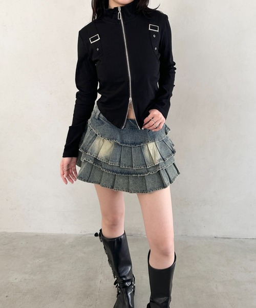 Bamm(バム)の「ダブルジップハーフネッククロップドトップス(Tシャツ/カットソー・レディース・ブラック/カモフラージュ/ホワイト・FREE)」の17枚目の写真