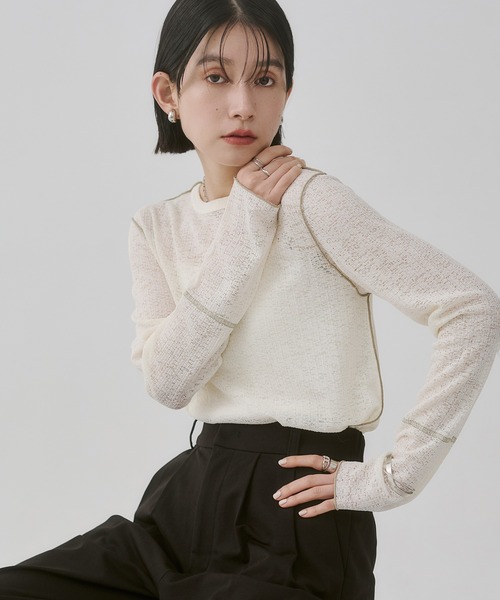 hunch(ハンチ)の「配色メロウ リブシアートップス(Tシャツ/カットソー・レディース・アイボリー/ブラック/ベビーピンク/アッシュグレー・FREE)」の1枚目の写真