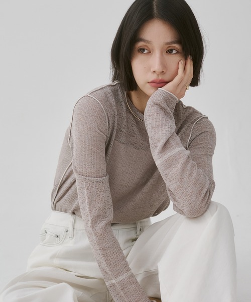 hunch(ハンチ)の「配色メロウ リブシアートップス(Tシャツ/カットソー・レディース・アイボリー/ブラック/ベビーピンク/アッシュグレー・FREE)」の3枚目の写真