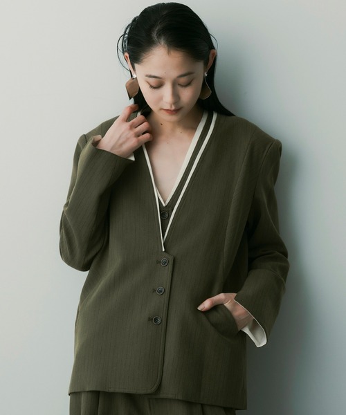 SERENO(セレーノ)の「ストライプノーカラージャケット(ノーカラージャケット・レディース・ライトグリーン/グレー・L/M)」の2枚目の写真