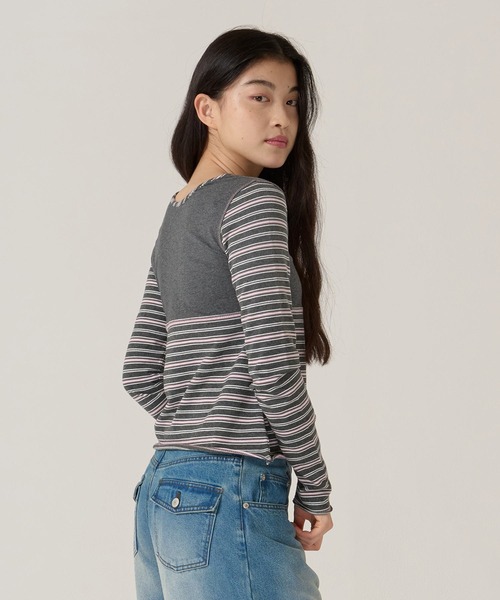 TINA:JOJUN(ティーナジョジュン)の「ペプラム ボーダー ドッキング カットソー TINA:JOJUN(Tシャツ/カットソー・レディース・グレー/バーガンディー・M)」の8枚目の写真