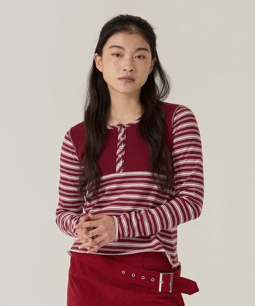 TINA:JOJUN(ティーナジョジュン)の「ペプラム ボーダー ドッキング カットソー TINA:JOJUN(Tシャツ/カットソー・レディース・グレー/バーガンディー・M)」の13枚目の写真