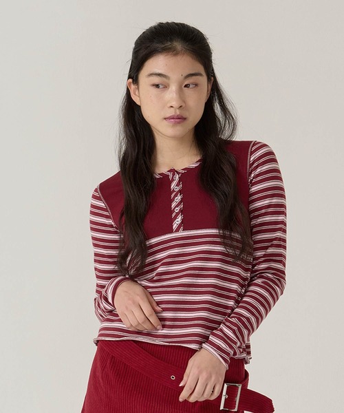 TINA:JOJUN(ティーナジョジュン)の「ペプラム ボーダー ドッキング カットソー TINA:JOJUN(Tシャツ/カットソー・レディース・グレー/バーガンディー・M)」の14枚目の写真