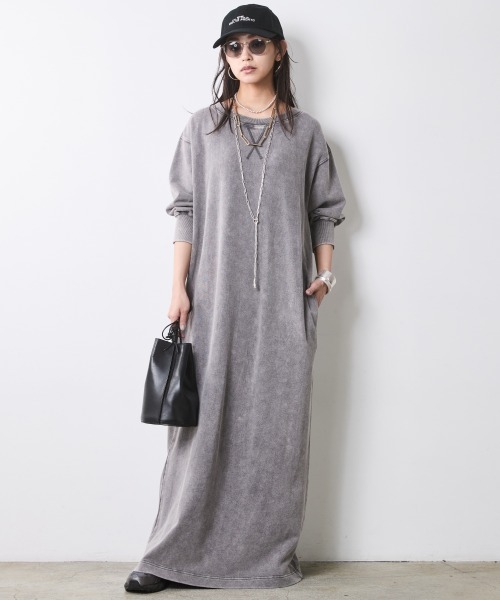 CHIC STYLE(シックスタイル)の「硫化染スウェット7分袖ロングワンピース <大きいサイズ有>シックスタイル(ワンピース・レディース・チャコール/グレー系・M/L/LL/3L/4L/5L)」の3枚目の写真