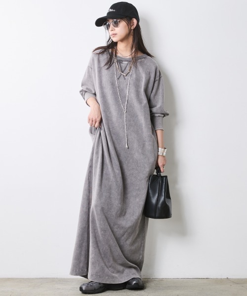 CHIC STYLE(シックスタイル)の「硫化染スウェット7分袖ロングワンピース <大きいサイズ有>シックスタイル(ワンピース・レディース・チャコール/グレー系・M/L/LL/3L/4L/5L)」の4枚目の写真