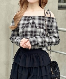 オフショルチェックブラウス