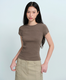 ウィメンズリブドピグメントスリムTシャツ[ブラウン]
