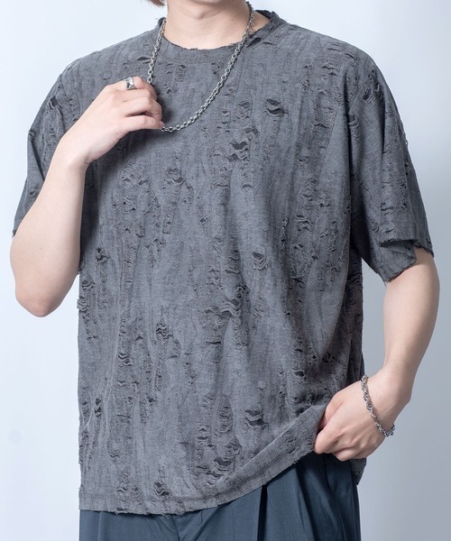 NOIZY(ノイジー)の「Double clth damage T-shirt(Tシャツ/カットソー・メンズ・ブラック/チャコールグレー・MEDIUM/LARGE)」の6枚目の写真