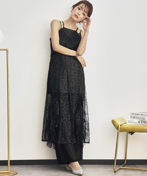 girl（ガール）の「スパンコールレースドレス レースキャミワンピース シアーパンツ インナー 3点セット 結婚式 パンツドレス パーティードレス オケージョンドレス お呼ばれ 二次会 成人式 同窓会 謝恩会（ドレス・レディース・ブラウン/ブラック/アイボリー・S/M/L）」の2枚目の写真
