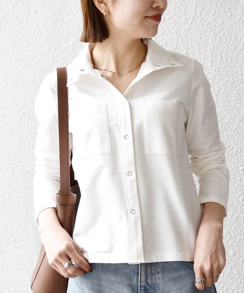SHIPS any(シップス エニィ)の「SHIPS any:〈洗濯機可能〉インレイ リング スナップ ポケット カーディガン(Tシャツ/カットソー・レディース・ブルー/チャコールグレー/ホワイト・ONE SIZE)」の2枚目の写真