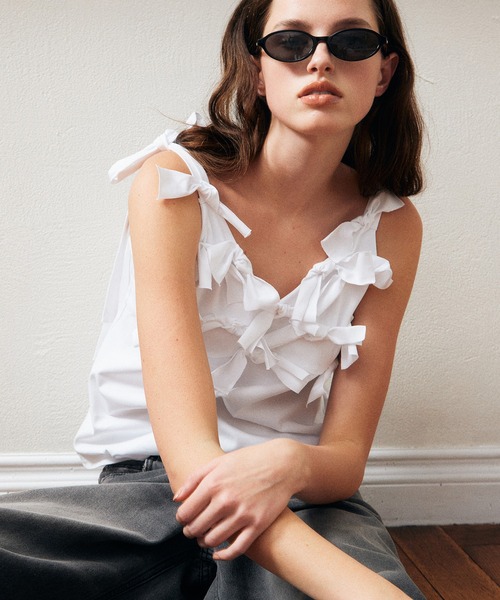 LE CIEL BLEU（ルシェルブルー）の「ボウジャージーキャミトップ / Bow Jersey Cami Top（Tシャツ/カットソー・レディース・ブラック/オフホワイト・38/36）」の2枚目の写真