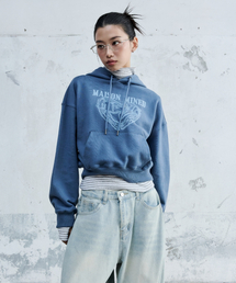(W) DOODLE HEART CROP HOODIE BLUE GRAY