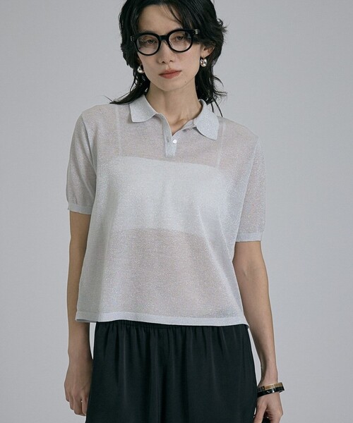 qualite(カリテ)の「ラメポロニットTシャツ 春服 夏服 オフィスカジュアル シアー(Tシャツ/カットソー・レディース・シルバー/ブラウン/チャコールグレー/その他・フリー)」の4枚目の写真