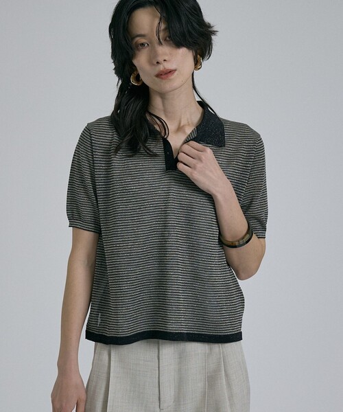 qualite(カリテ)の「ラメポロニットTシャツ 春服 夏服 オフィスカジュアル シアー(Tシャツ/カットソー・レディース・シルバー/ブラウン/チャコールグレー/その他・フリー)」の1枚目の写真
