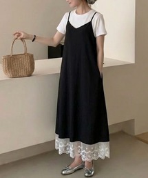 【26年春夏新作】レースドッキングロングキャミワンピース 肩紐調節可能