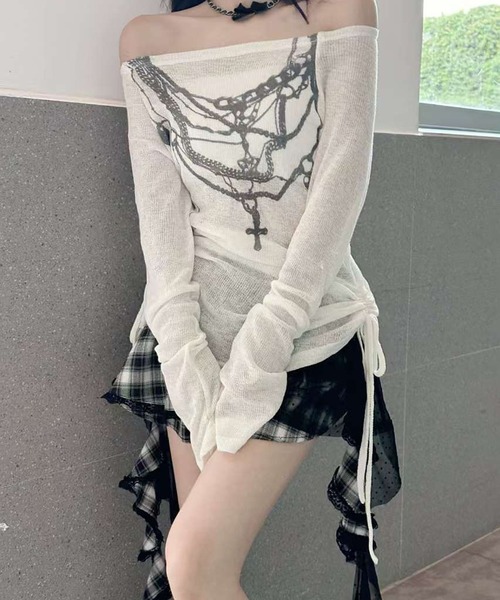 MEMECLE(メメクル)の「【 MEMECLE / メメクル 】 シアートップス ネックレスプリント トップス(Tシャツ/カットソー・レディース・ブラック/ホワイト・MEDIUM/SMALL)」の4枚目の写真