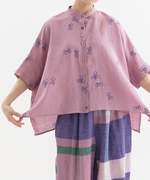 nop de nod（ノップドゥノッド）の「Cielラミーユーカリ刺繍半袖シャツ（シャツ/ブラウス・レディース・ピンク/ダークブラウン/ネイビー・3）」の7枚目の写真