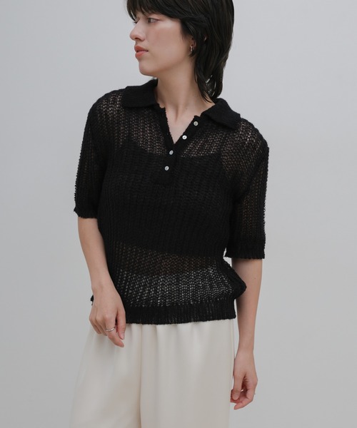 select MOCA(セレクトモカ)の「デザイン編みシアーポロニット(ニット/セーター・レディース・ピンク/アイボリー/ブラック・FREE)」の2枚目の写真