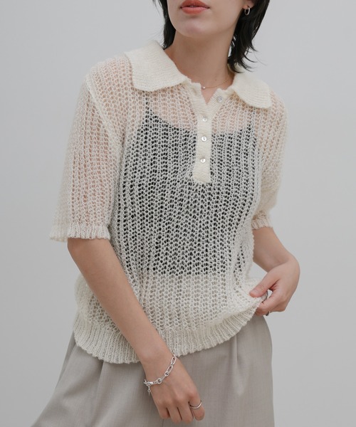 select MOCA(セレクトモカ)の「デザイン編みシアーポロニット(ニット/セーター・レディース・ピンク/アイボリー/ブラック・FREE)」の6枚目の写真