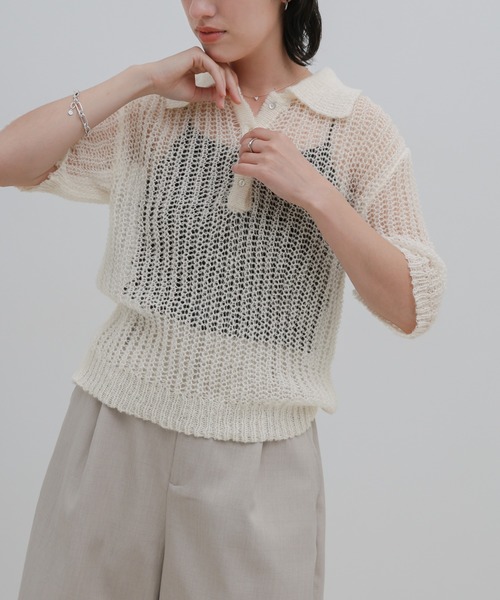 select MOCA(セレクトモカ)の「デザイン編みシアーポロニット(ニット/セーター・レディース・ピンク/アイボリー/ブラック・FREE)」の9枚目の写真
