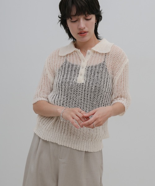 select MOCA(セレクトモカ)の「デザイン編みシアーポロニット(ニット/セーター・レディース・ピンク/アイボリー/ブラック・FREE)」の12枚目の写真
