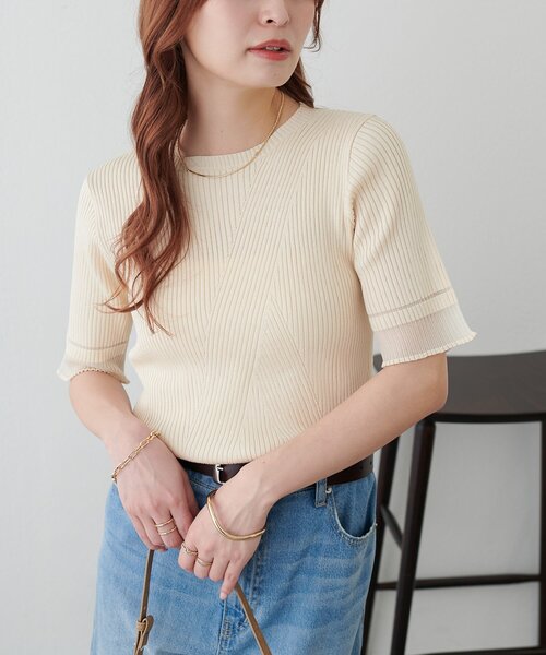 DISCOAT(ディスコート)の「【WEB限定】シアー袖切り替え半袖プルオーバー(Tシャツ/カットソー・レディース・オフホワイト/ブルー/チャコールグレー・MEDIUM)」の4枚目の写真