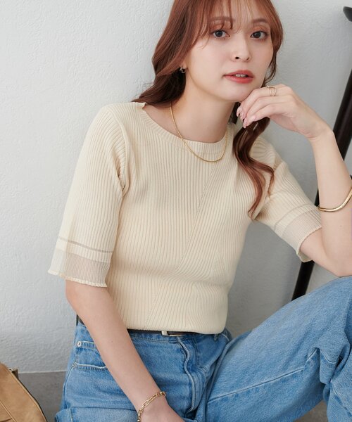 DISCOAT(ディスコート)の「【WEB限定】シアー袖切り替え半袖プルオーバー(Tシャツ/カットソー・レディース・オフホワイト/ブルー/チャコールグレー・MEDIUM)」の6枚目の写真