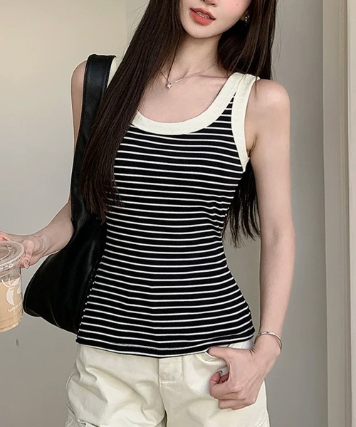 Miniministore(ミニミニストア)の「タンクトップ ボーダー レディース 夏(タンクトップ・レディース・アイボリー/ブラック・M/L)」の5枚目の写真