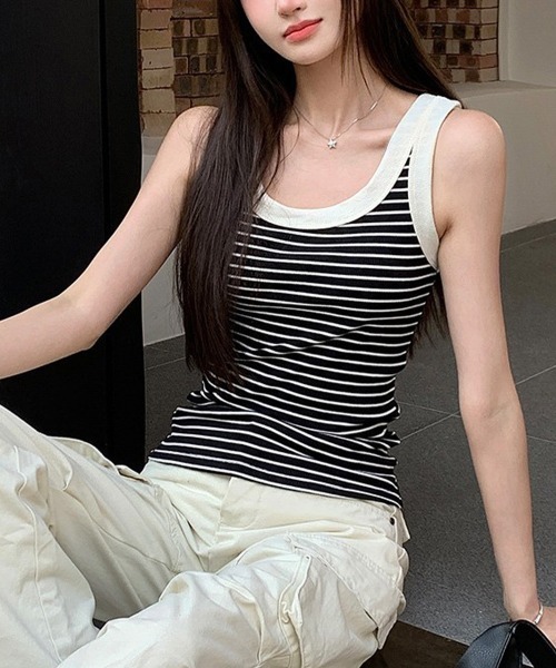 Miniministore(ミニミニストア)の「タンクトップ ボーダー レディース 夏(タンクトップ・レディース・アイボリー/ブラック・M/L)」の6枚目の写真