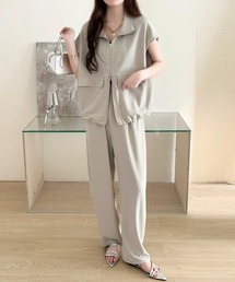 DAY CLOSET | 【セットアップ/2WAYスタンドネック×オープンカラー】半袖 きれいめ ダブルジップ ドロスト トップス+ロングパンツ 上下2点セット レディース(セットアップ)