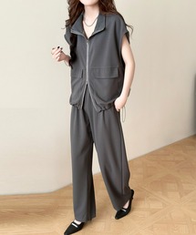 DAY CLOSET | 【セットアップ/2WAYスタンドネック×オープンカラー】半袖 きれいめ ダブルジップ ドロスト トップス+ロングパンツ 上下2点セット レディース(セットアップ)